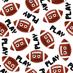 Wall Mural - Seamless pattern with American football ball with face. Background for textile, fabric, stationery, kids and other designs.