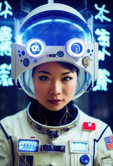 Wall Mural - A fictional person, not based on a real person. Portrait of an fictional astronaut in a spacesuit. High-tech astronaut from the future. The concept of space travel. . Generative AI