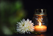 Burning candle and white chrysanthemum on dark background. Sympathy card