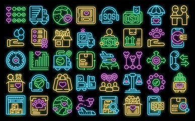 Sticker - International assistance icons set outline vector. Social volunteer. Charity care neon color on black
