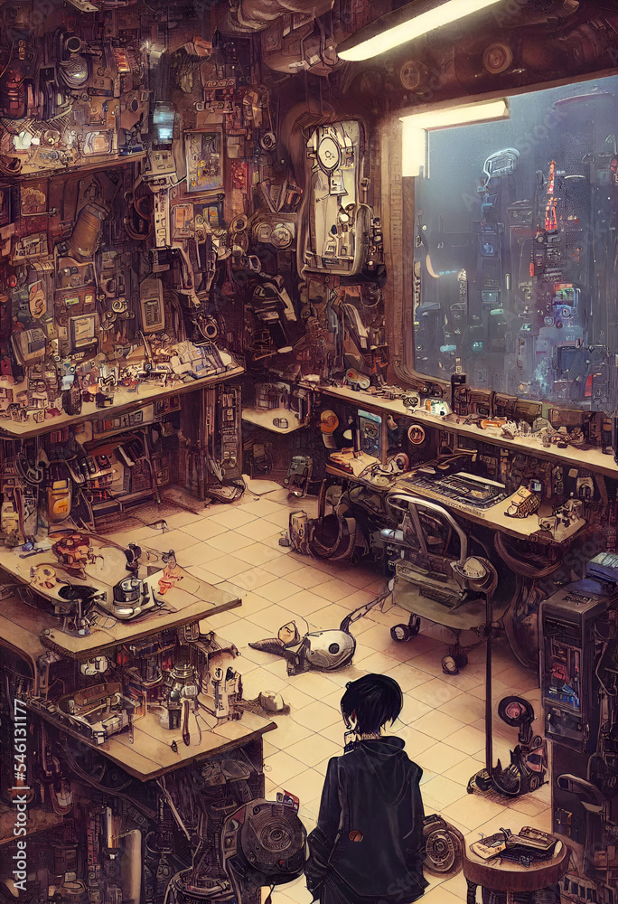Stock-Illustration „Inventor in her Clutter Futuristic Robot Workshop ...
