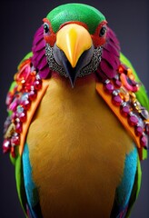 Sticker - Close-up portrait of an amazing colorful red-and-yellow parrot. 3D rendering.