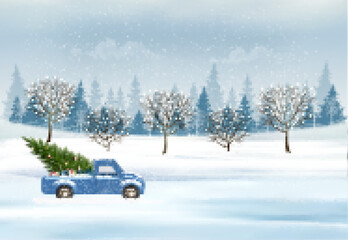 Fototapete - Holiday Christmas and Happy New Year background with evening landscape and trees with garland and a red car is driving a Christmas tree. Winter illustration, banner, vector
