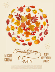 Aufkleber - Happy Thanksgiving Flyer with colorful leaves, pumpkins and fresh fruit and vegetables. Vector.