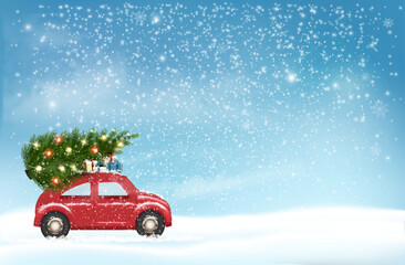 Poster - Holiday Christmas background with a snowflakes and landscape and a blue car is driving a Christmas tree for a  holiday. Winter illustration, banner, card