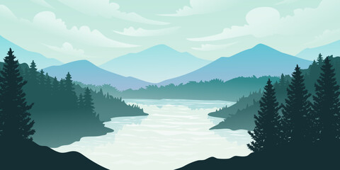 Silhouette of nature landscape. Mountains, forest in background. Blue and green illustration