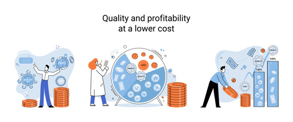 Fototapete - Quality and profitability at lower cost. Salary increase metaphor, profit margin. Earn on business inflation, investment, developing, coordinating sales. Management optimization of business processes