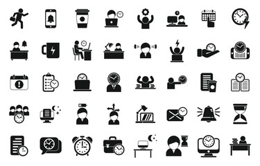 Poster - Late work icons set simple vector. Daily hour. Morning time