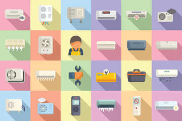 Poster - repair air conditioner icons set flat vector. install hvac. air pump