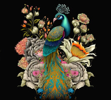 Large Royal Peacock With An Open Tail In Exotic Flowers, Vintage Style. Digital Illustration For T Shirt, Prints, Posters, Postcards, Stickers,	Tattoo