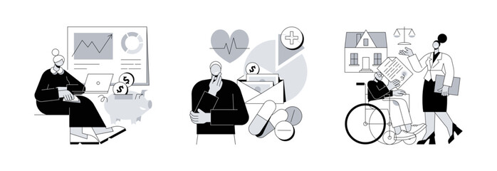 Poster - Retiree budget plan abstract concept vector illustration set. Financial literacy of retirees, healthcare expenses, retirement estate planning, health insurance plan, law advisor abstract metaphor.