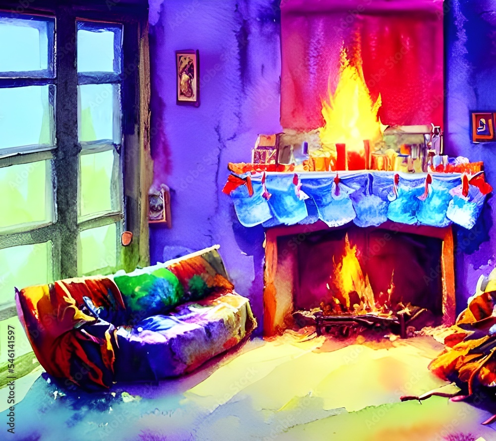 The fireplace is decorated for Christmas with garlands of greenery and ...