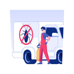 Poster - Pest control service isolated concept vector illustration. Smiling pest control service worker with sprayer near truck, private house maintenance, mold extermination vector concept.