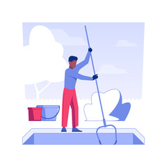 Poster - Pool maintenance isolated concept vector illustration. Repairman deals with pool cleaning, private house maintenance service, mold removal process using chemical substances vector concept.