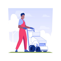 Poster - Lawn seeding isolated concept vector illustration. Professional gardener with overseeder machine, lawn maintenance, exterior works, landscaping process, planting season vector concept.