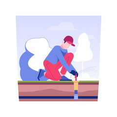 Poster - Lawn watering system installation isolated concept vector illustration. Repairman installing lawn spraying system, exterior works, grass maintenance, irrigation method testing vector concept.