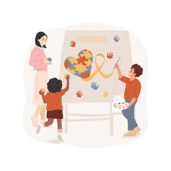 Poster - Autism awareness day isolated cartoon vector illustration. Making awareness poster, leaving hand imprints of different color, puzzle symbol, support children with autism disorder vector cartoon.