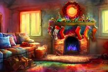 The Fireplace Is Adorned With Garlands Of Green And Red, Strung With Twinkling Lights. A Wooden Stocking Hangs From The Mantle, Its Red Threads Shining In The Light. A Pile Of Colorful Presents Sits B