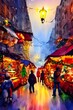 © dreamyart - It's a cold but cheerful night at the Christmas market. The stalls are all decked out in their holiday best, and the smell of spices and mulled wine fills the air. Arts and crafts from local makers fi