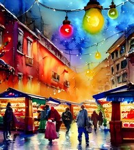 The Christmas Market Is In Full Swing, With People Milling Around The Stalls And Enjoying The Festive Atmosphere. The Air Is Filled With The Scent Of Mulled Wine And Roasted Chestnuts, And There's A R