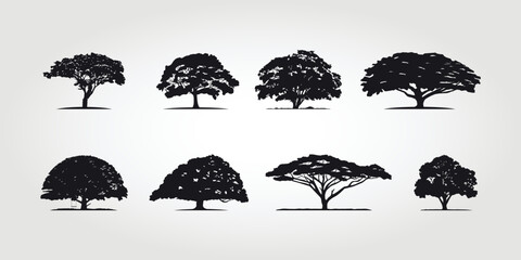 set of big tree silhouettes vector. hand drawn isolated natural elements.