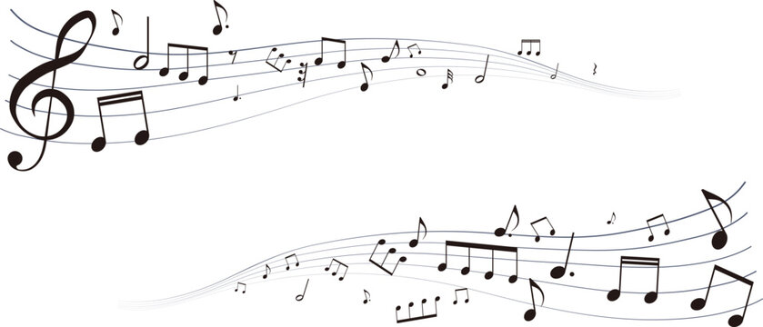 遠近感のある楽譜のフレームイラスト　五線譜　背景イラスト　音符、休符、楽譜記号のイラスト