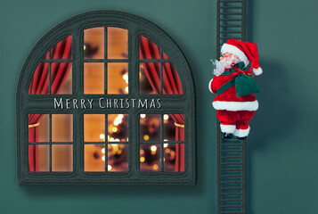 Wall Mural - New Year scene and Christmas atmosphere..Santa Claus on a ladder with Christmas presents..Delivery of New Year's gifts. Minimal concept of winter holidays.