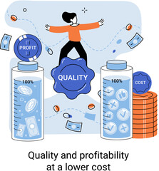 Fototapete - Quality and profitability at lower cost. Growth market and economy, investment, coordinating sales operation. Management, optimization of business processes. salary increase, profit and margin