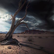 Dried Up A Lone Dead Tree In The Desert Desolate Landscape, Storm Clouds.