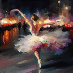 dance ballet in the city streets at night oil paint acrylic art painting beautiful elegant inspiring dancing