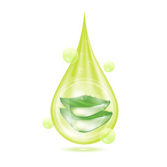 Sticker - Drop serum aloe. Vitamin collagen anti aging serum. Natural skincare cosmetic. Water droplets green with oxygen bubbles isolated on white background. Realistic 3d vector.