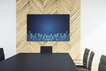 Aufkleber - Creative abstract micro chip hologram on tv display in a modern presentation room, artificial intelligence and machine learning concept. 3D Rendering