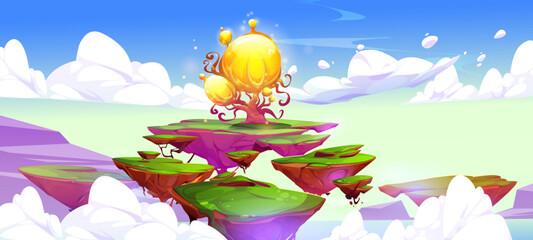 Wall Mural - game background with fantasy floating islands and fairy tale magic flower. ground pieces of summer l