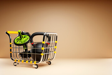 Canvas Print - 3D illustration sporting goods lies in a grocery cart. The concept of searching for goods and services in online stores for sports