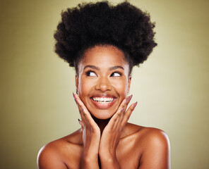 Wall Mural - Black woman, afro hair or thinking of exciting ideas on green studio backgroud of healthcare wellness, self love or skincare. Smile, happy or inspired beauty model, natural hair or makeup cosmetics