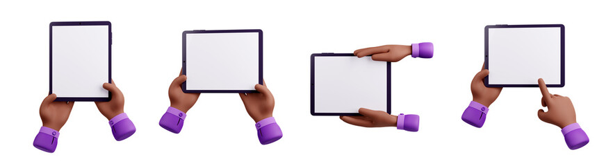 Poster - Man hands with tablet computer with empty white screen. African american person hands hold and use digital device, smart gadget with blank touchscreen, 3d render illustration