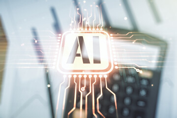 Poster - Abstract virtual artificial Intelligence symbol hologram on calculator background. Multiexposure