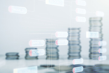 Aufkleber - Double exposure of abstract programming language interface on growing stacks of coins background, research and development concept