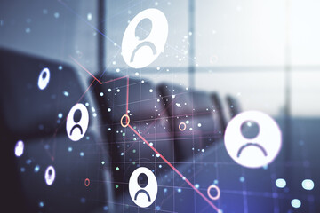 Aufkleber - Double exposure of social network icons hologram on a modern boardroom background. Networking concept