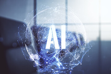 Aufkleber - Creative artificial Intelligence symbol hologram on a modern coworking room background. Double exposure