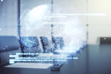 Aufkleber - Double exposure of abstract programming language hologram and world map on a modern meeting room background, research and development concept