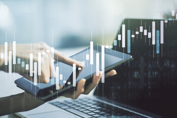 Aufkleber - Double exposure of abstract creative financial diagram with finger clicks on a digital tablet on background, banking and accounting concept