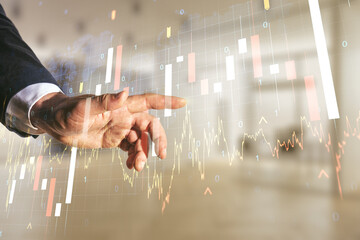 Aufkleber - Multi exposure of businessman hand working with virtual creative financial graph and world map on blurred office background, forex and investment concept