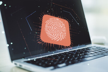 Aufkleber - Double exposure of abstract creative fingerprint hologram on computer background, protection of personal information concept