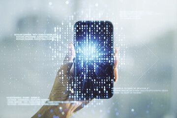 Poster - Creative code skull sketch and hand with cellphone on background, theft of personal data and malware concept. Multiexposure