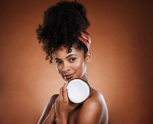 Woman, Coconut Fruit And Body Skincare Glow On Studio Background For Organic Hydration, Vegan Moisture Or Holistic Dermatology. Portrait, Smile And Happy African Beauty Model With Coco Butter Product