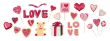 Valentine S Day Set. Heart-shaped Lozenges, Candy And Cookies. The Inscription Love. Collection Of Scrapbooking Design Elements For Valentines Day. Romantic Vector Icons Pack.
