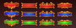© klyaksun - Medieval game frames or buttons, user interface menu elements. Oblong colorful ui banners with gold ornate rims and decor. Empty royal gui bars for rpg, fantasy web design borders, Cartoon vector set