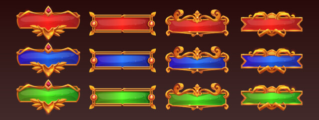 Poster - Medieval game frames or buttons, user interface menu elements. Oblong colorful ui banners with gold ornate rims and decor. Empty royal gui bars for rpg, fantasy web design borders, Cartoon vector set