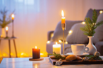 cup of coffee with burning candles and christmas decorations at home